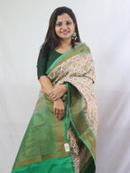 Off White and Green Floral Banarasi Silk Saree - Luxurion World