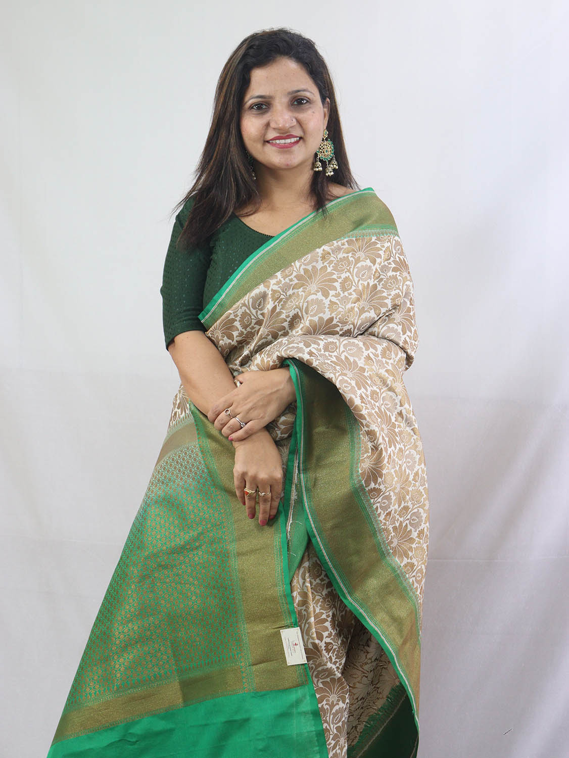 Off White and Green Floral Banarasi Silk Saree - Luxurion World