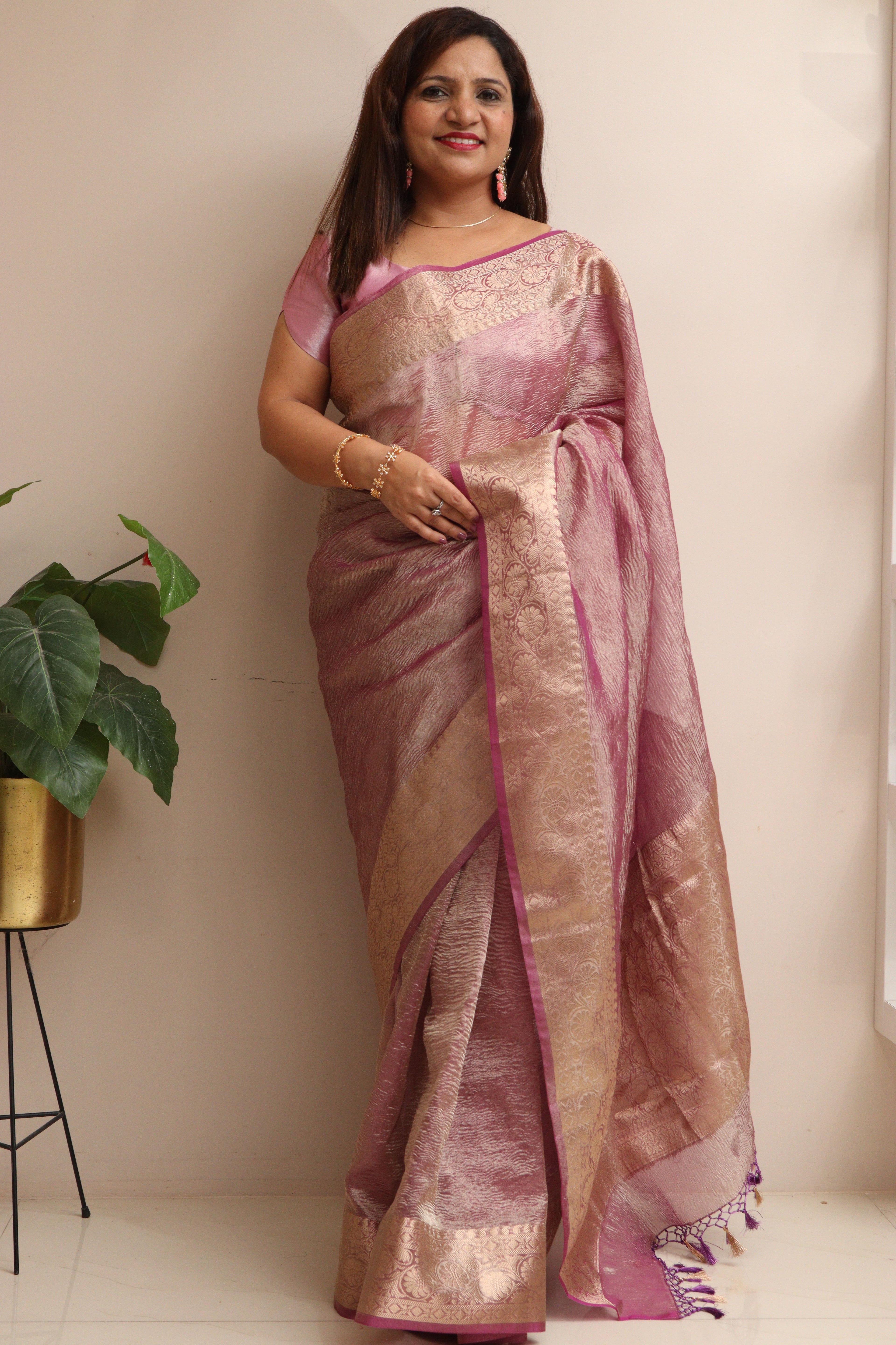 Elegant Purple Banarasi Crush Tissue Silk Saree - Luxurion World