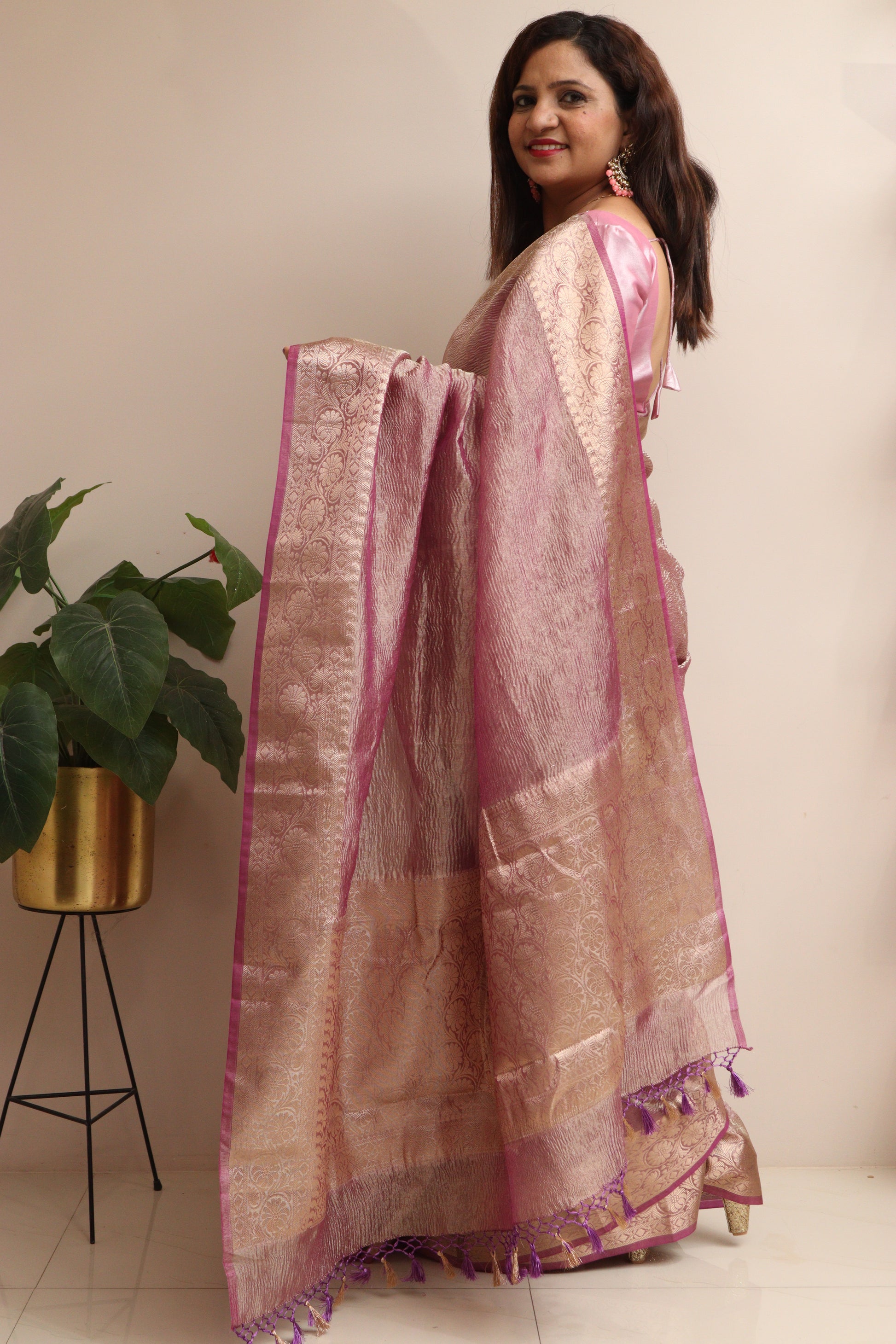 Elegant Purple Banarasi Crush Tissue Silk Saree - Luxurion World