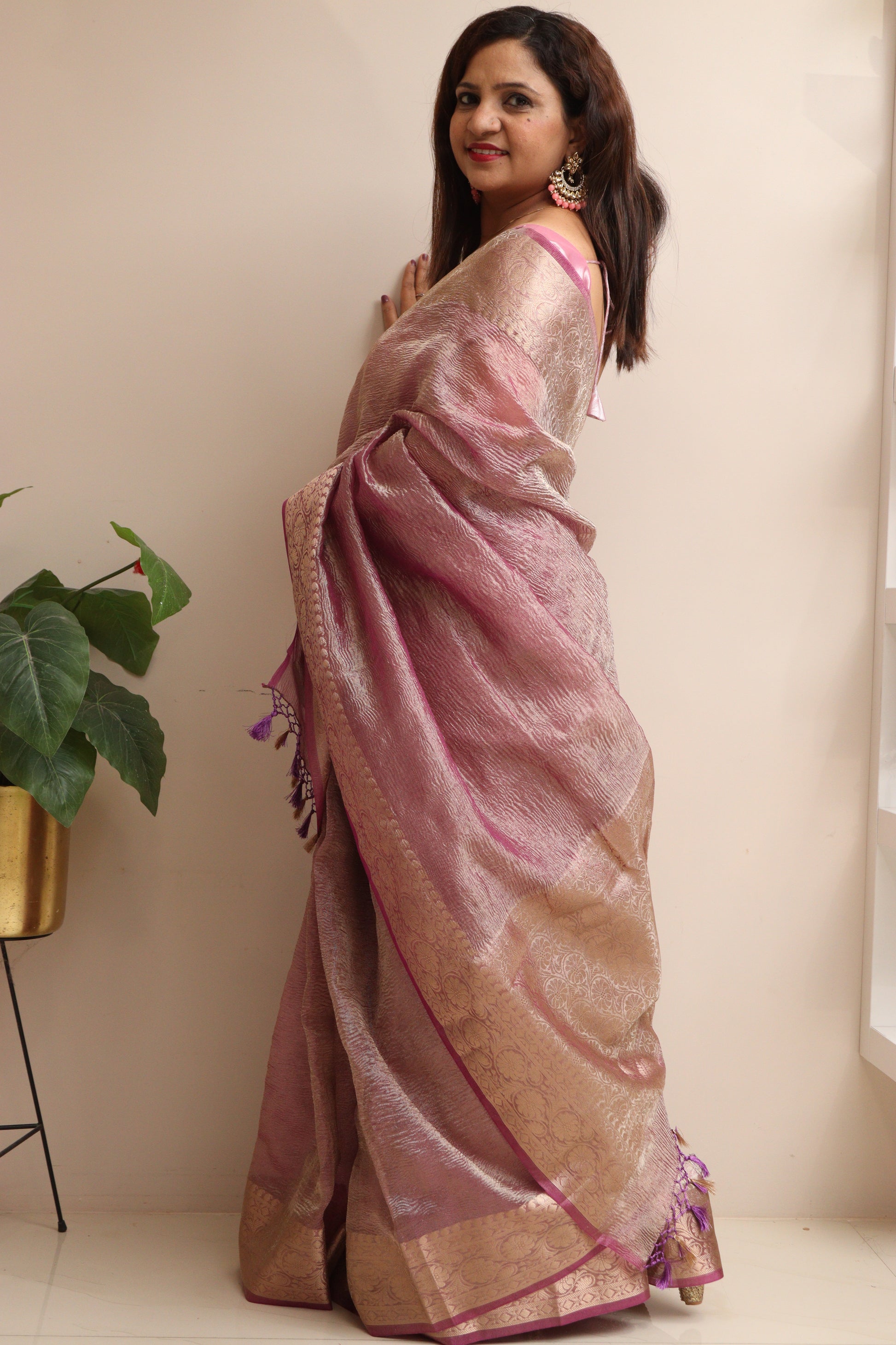 Elegant Purple Banarasi Crush Tissue Silk Saree - Luxurion World