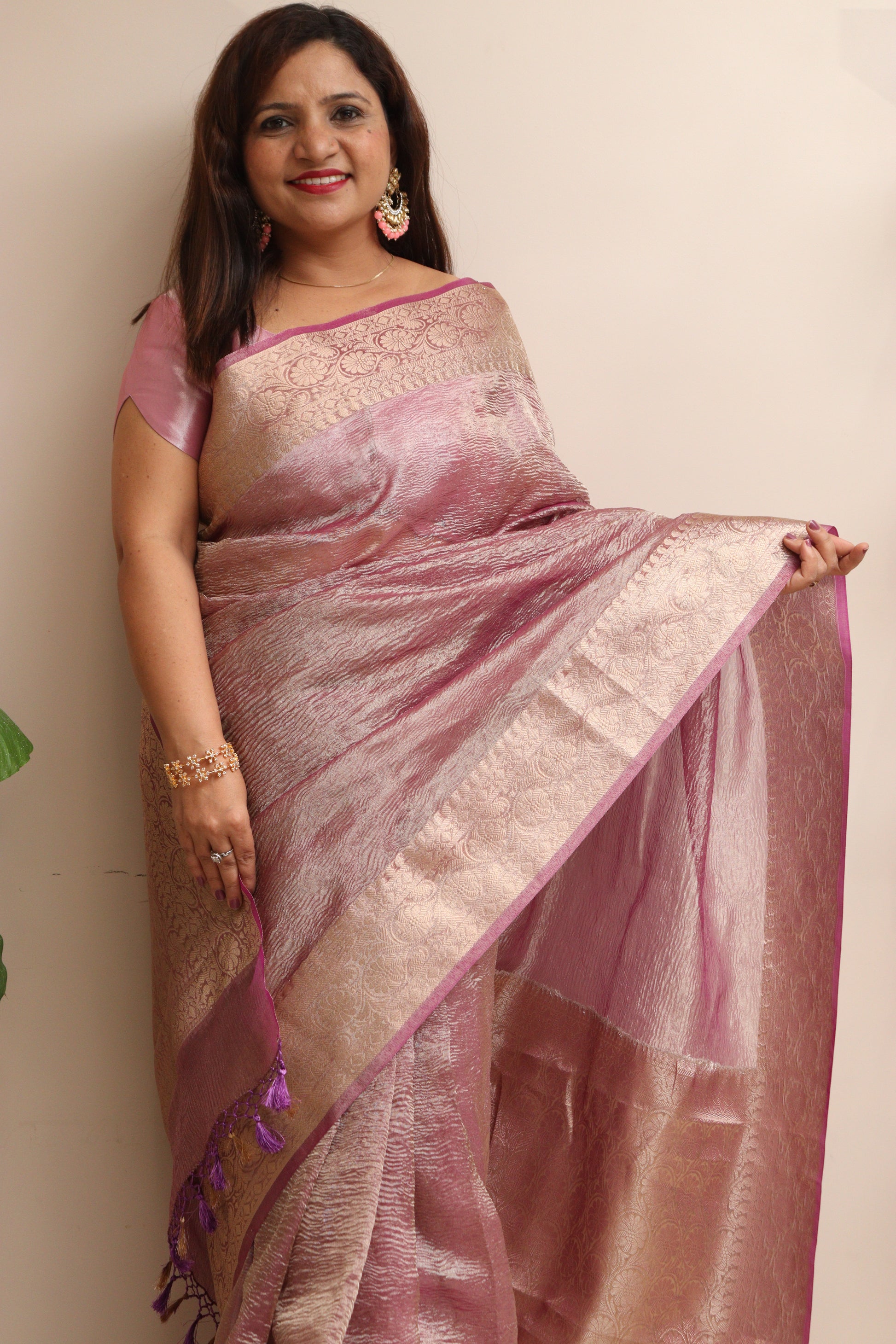 Elegant Purple Banarasi Crush Tissue Silk Saree - Luxurion World