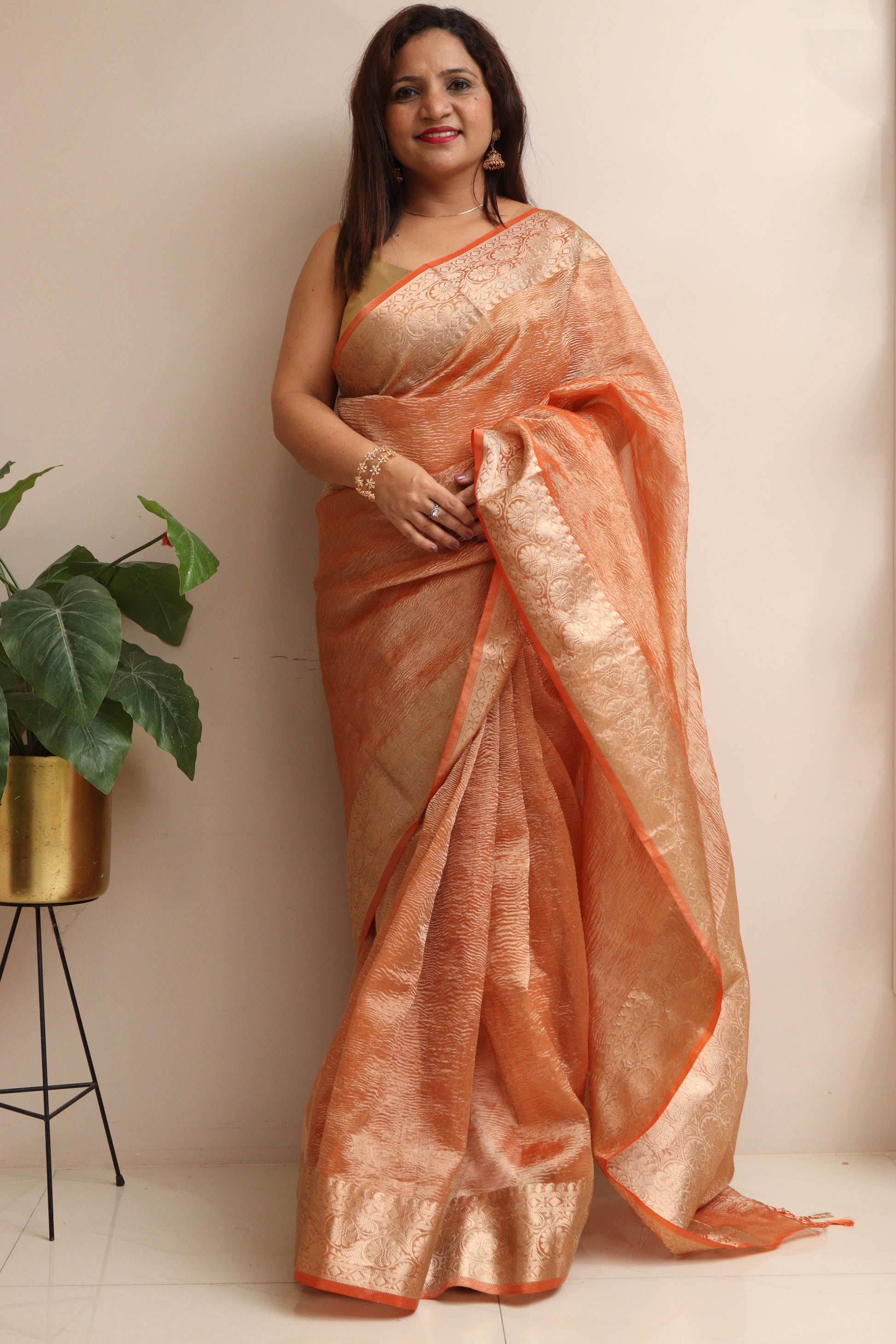Elegant Orange Banarasi Crush Tissue Silk Saree - Luxurion World