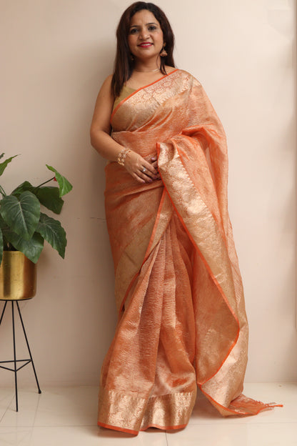 Elegant Orange Banarasi Crush Tissue Silk Saree - Luxurion World