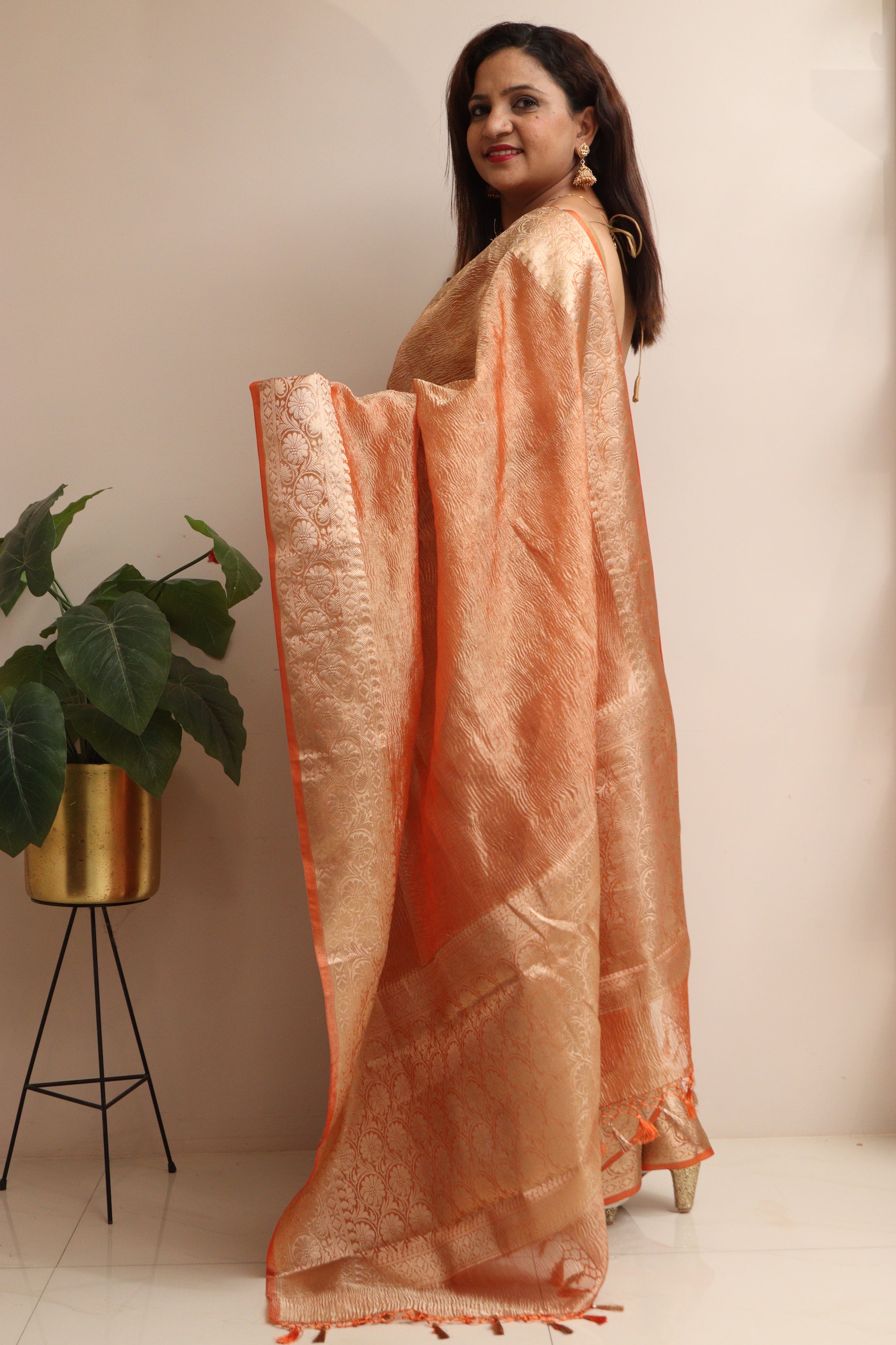 Elegant Orange Banarasi Crush Tissue Silk Saree - Luxurion World