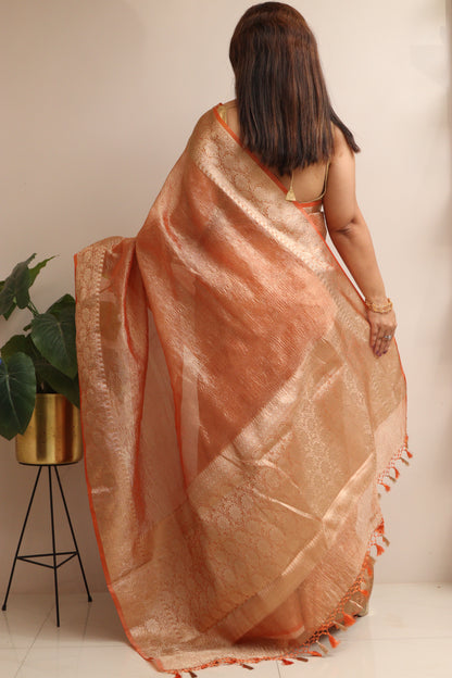 Elegant Orange Banarasi Crush Tissue Silk Saree - Luxurion World