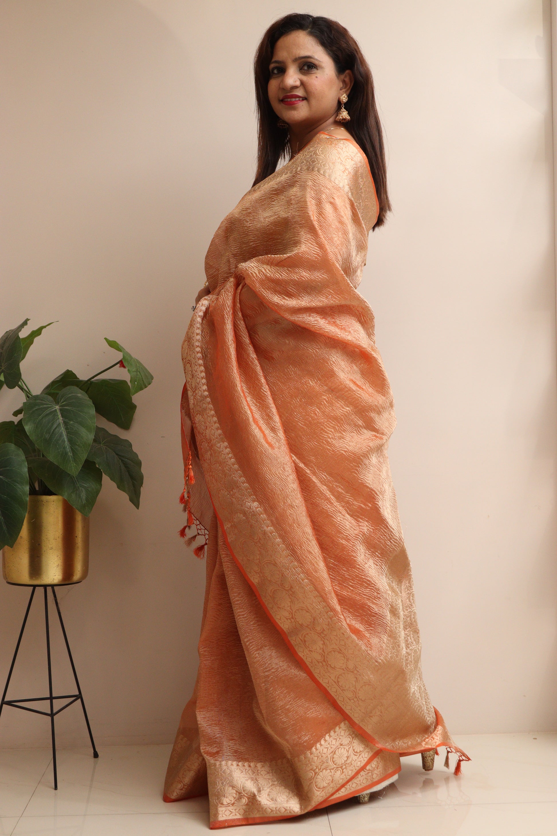 Elegant Orange Banarasi Crush Tissue Silk Saree - Luxurion World