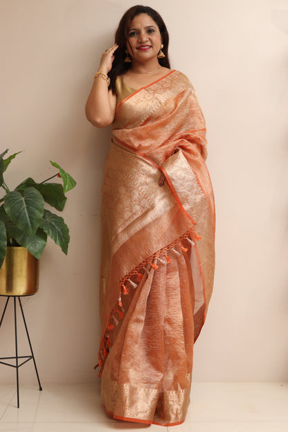 Elegant Orange Banarasi Crush Tissue Silk Saree - Luxurion World
