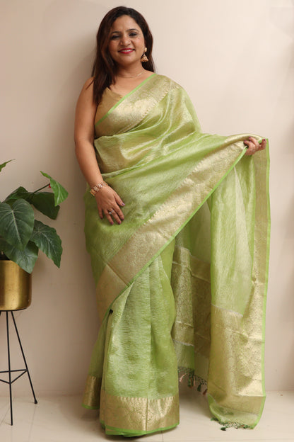 Exquisite Green Banarasi Crush Tissue Silk Saree - Luxurion World