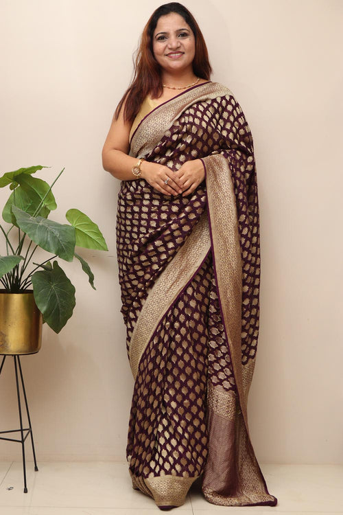Elegant Purple Handloom Banarasi Georgette Booti Design Saree - Luxurion World