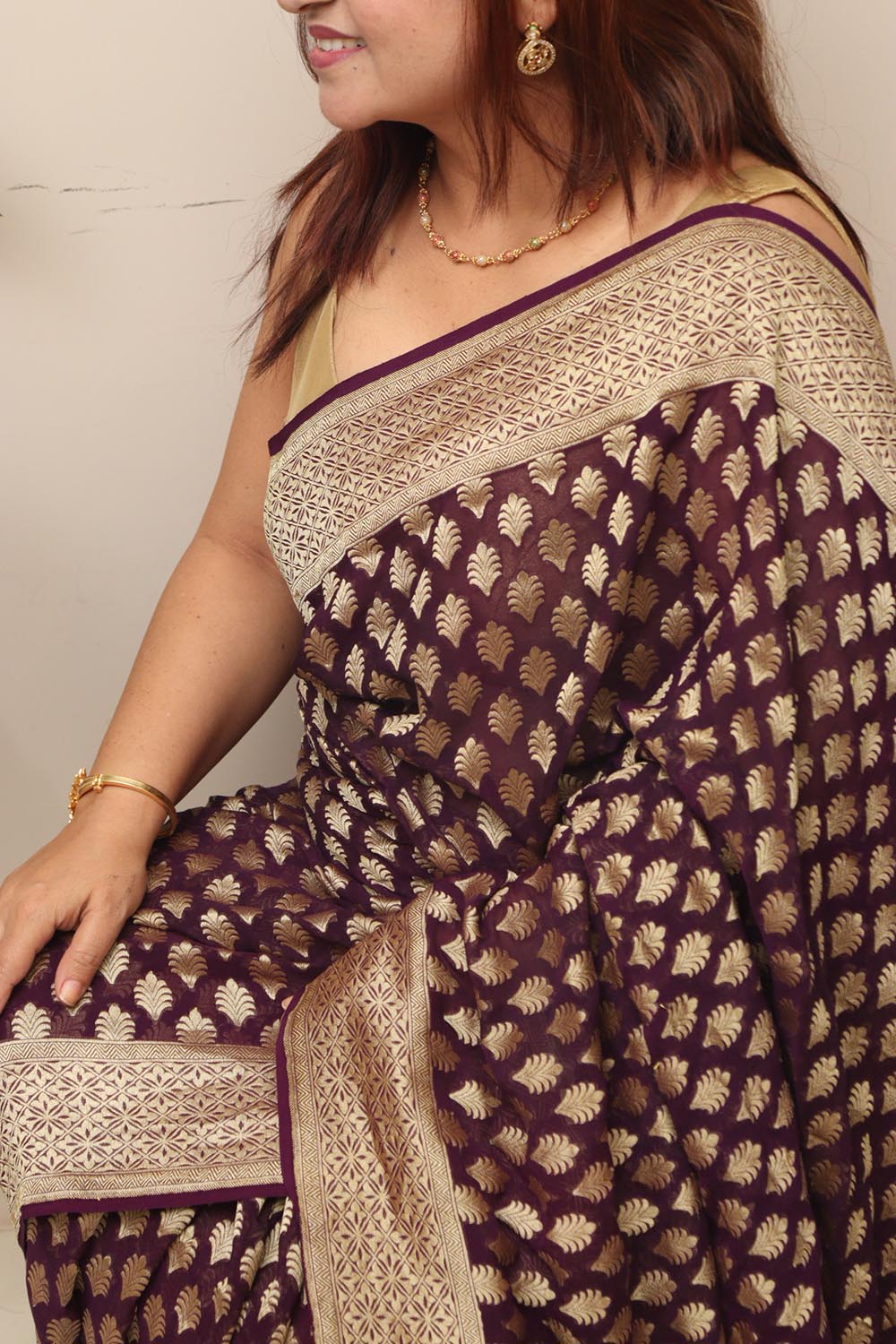 Elegant Purple Handloom Banarasi Georgette Booti Design Saree - Luxurion World