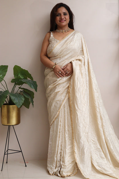Exquisite Golden Handloom Banarasi Tissue Georgette Silk Crushed Saree - Luxurion World