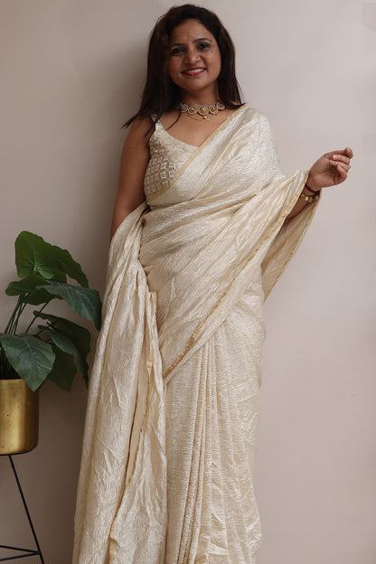 Exquisite Golden Handloom Banarasi Tissue Georgette Silk Crushed Saree - Luxurion World