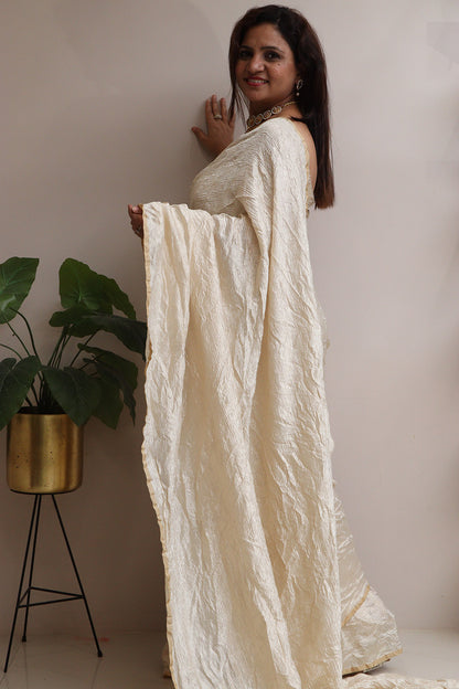 Exquisite Golden Handloom Banarasi Tissue Georgette Silk Crushed Saree - Luxurion World