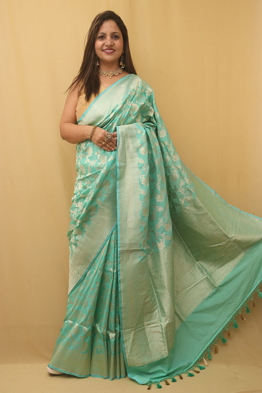 Green Banarasi Handloom Pure Katan Silk Saree - Luxurion World