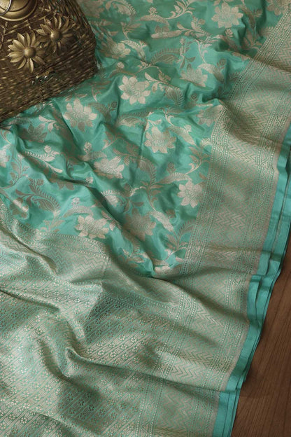 Green Banarasi Handloom Pure Katan Silk Saree - Luxurion World