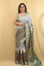 Graceful Grey Banarasi Handloom Chiniya Silk Ajrakh Design Hand Bandhej Saree - Luxurion World