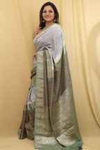 Graceful Grey Banarasi Handloom Chiniya Silk Ajrakh Design Hand Bandhej Saree - Luxurion World