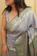 Graceful Grey Banarasi Handloom Chiniya Silk Ajrakh Design Hand Bandhej Saree - Luxurion World