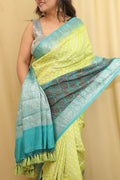 Exquisite Green Banarasi Handloom Chiniya Silk Ajrakh Design Hand Bandhej Saree - Luxurion World