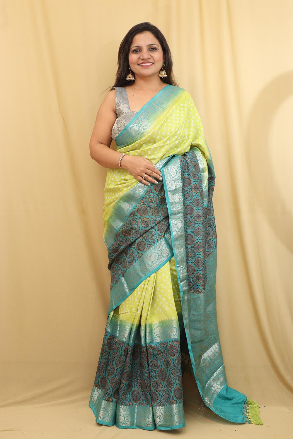Exquisite Green Banarasi Handloom Chiniya Silk Ajrakh Design Hand Bandhej Saree - Luxurion World
