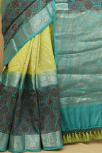 Exquisite Green Banarasi Handloom Chiniya Silk Ajrakh Design Hand Bandhej Saree - Luxurion World
