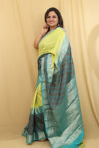 Exquisite Green Banarasi Handloom Chiniya Silk Ajrakh Design Hand Bandhej Saree - Luxurion World