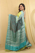 Exquisite Green Banarasi Handloom Chiniya Silk Ajrakh Design Hand Bandhej Saree - Luxurion World