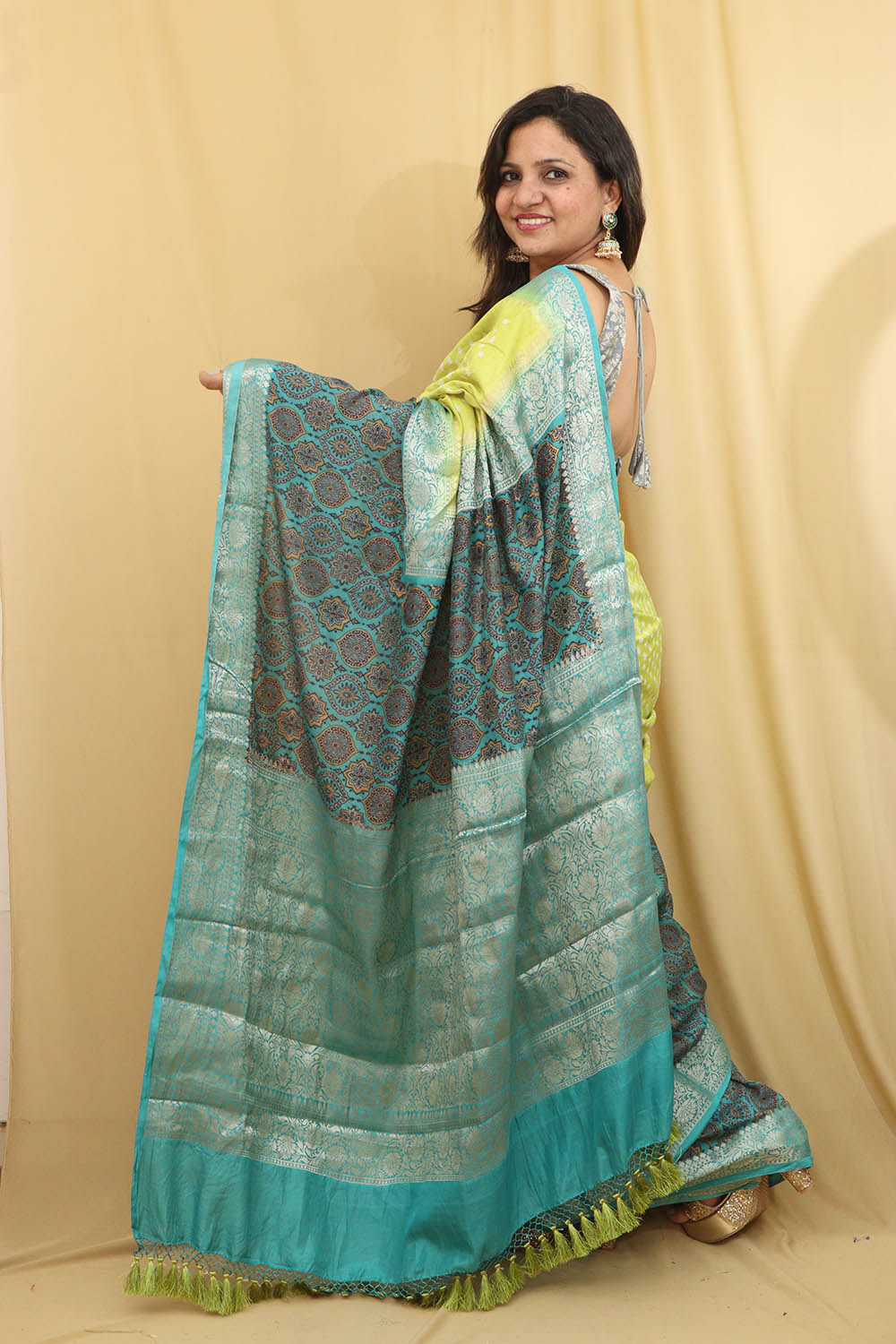Exquisite Green Banarasi Handloom Chiniya Silk Ajrakh Design Hand Bandhej Saree - Luxurion World