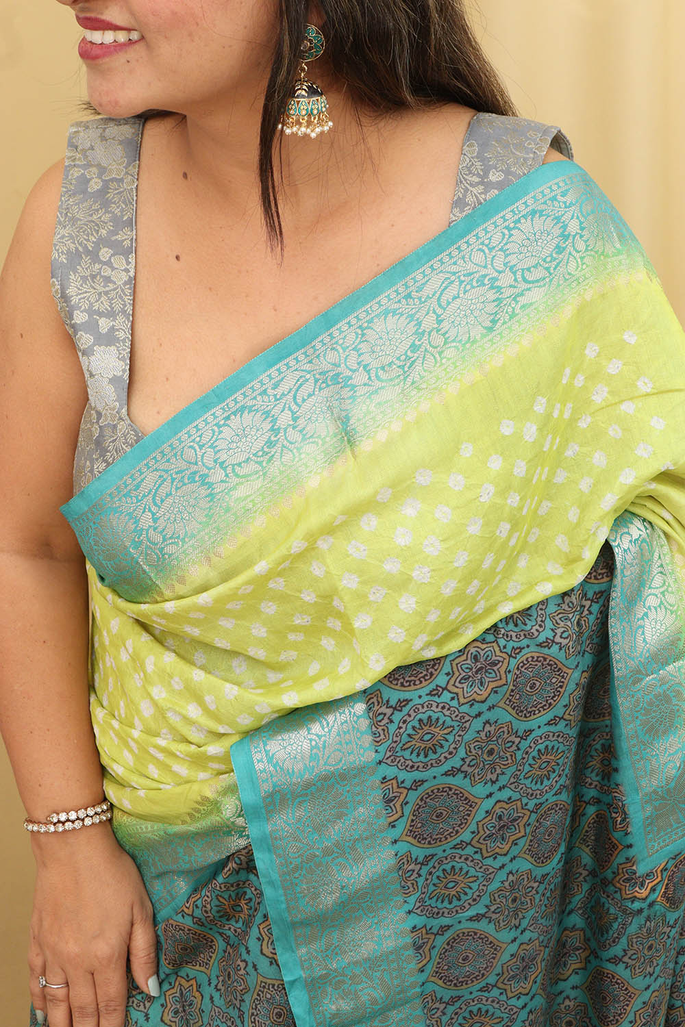 Exquisite Green Banarasi Handloom Chiniya Silk Ajrakh Design Hand Bandhej Saree - Luxurion World