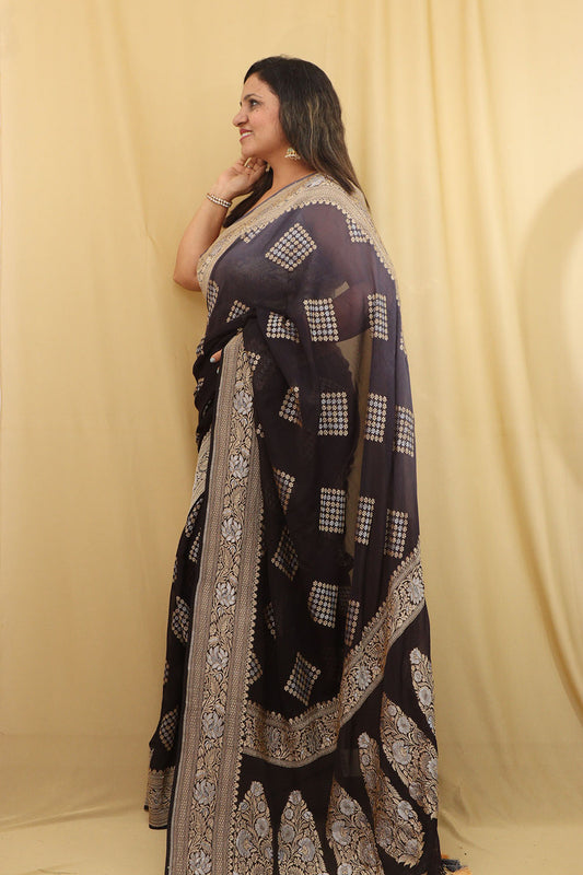 Exquisite Black & Grey Banarasi Georgette Saree