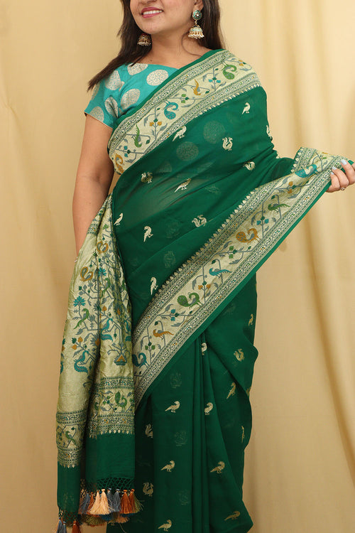 Green Banarasi Handloom Georgette Saree with Paithani Border - Luxurion World