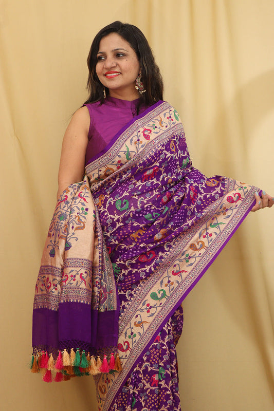 Exquisite Purple Banarasi Bandhani Georgette Saree