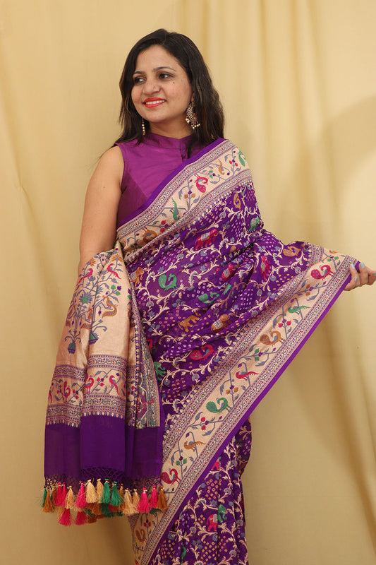 Exquisite Purple Banarasi Bandhani Georgette Saree - Luxurion World