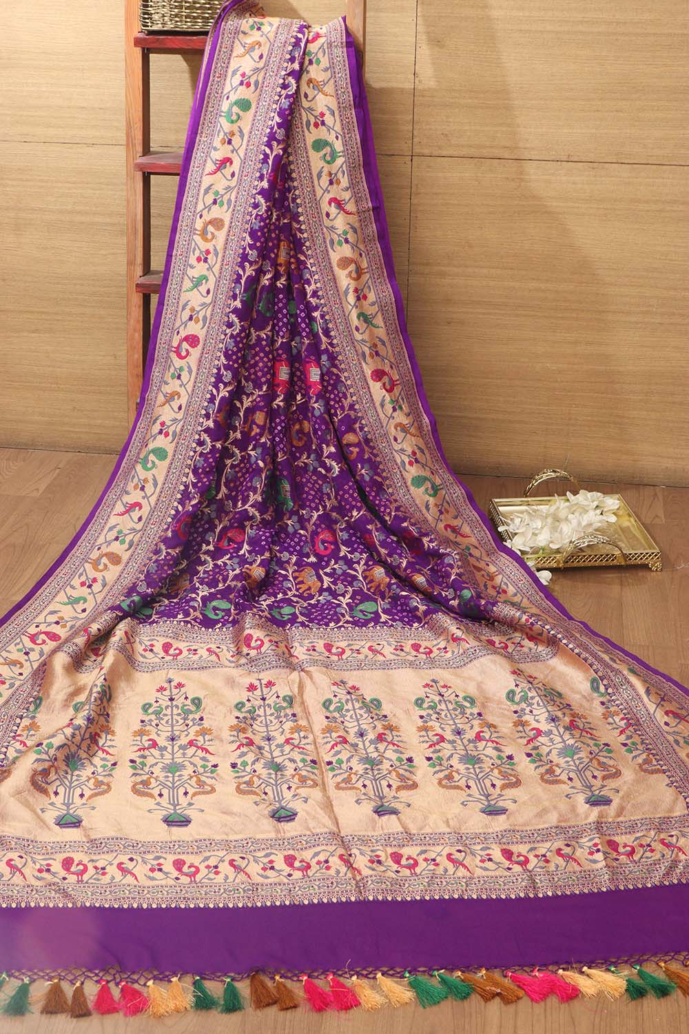 Exquisite Purple Banarasi Bandhani Georgette Saree - Luxurion World
