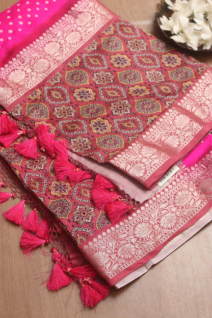 Exquisite Pink Banarasi Bandhani Pure Chiniya Silk Ajrakh Design Saree - Luxurion World