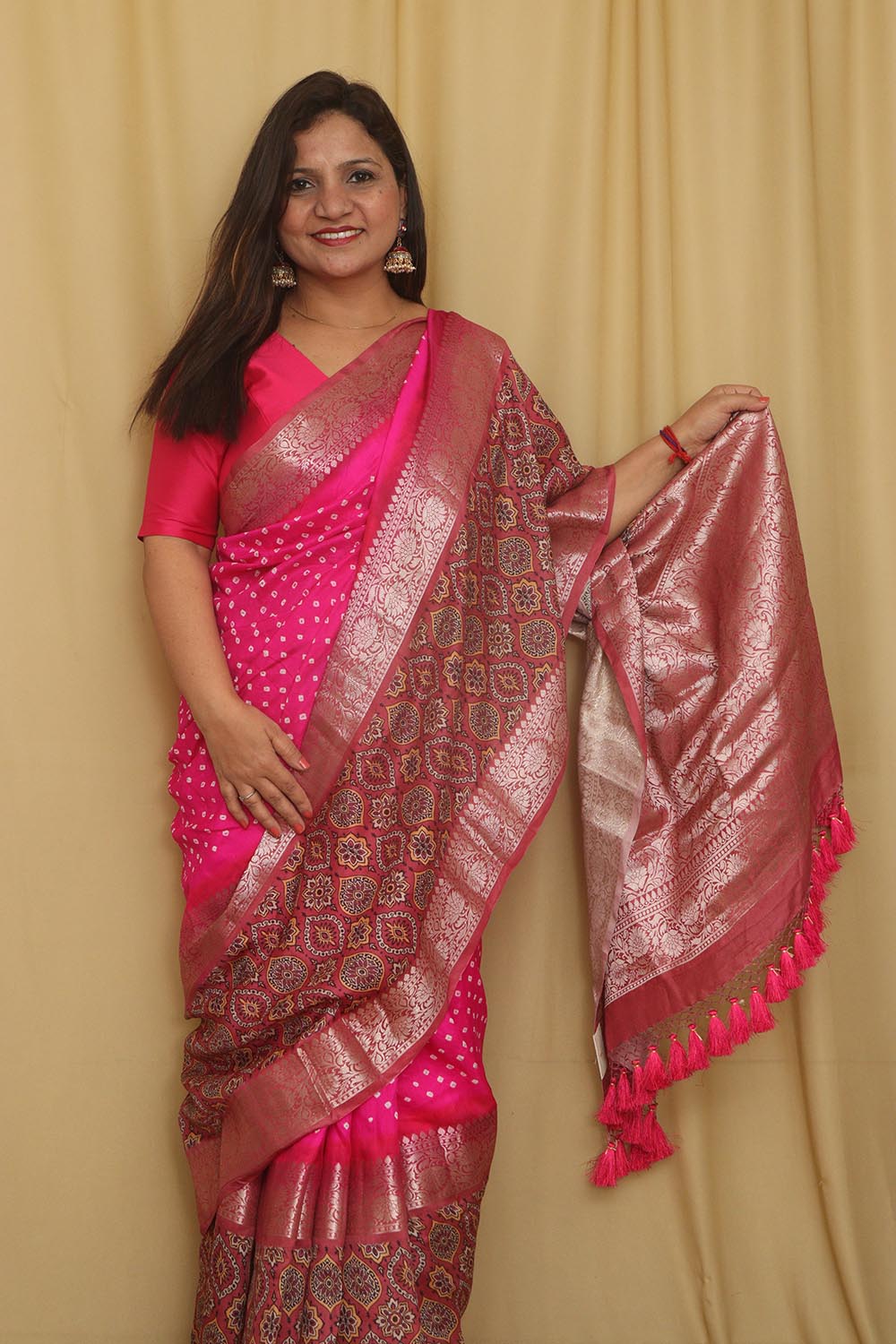 Exquisite Pink Banarasi Bandhani Pure Chiniya Silk Ajrakh Design Saree - Luxurion World