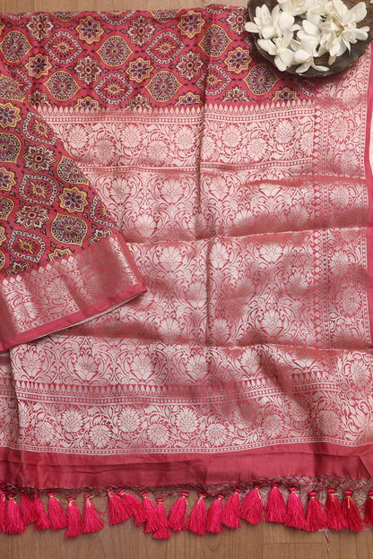 Exquisite Pink Banarasi Bandhani Pure Chiniya Silk Ajrakh Design Saree - Luxurion World