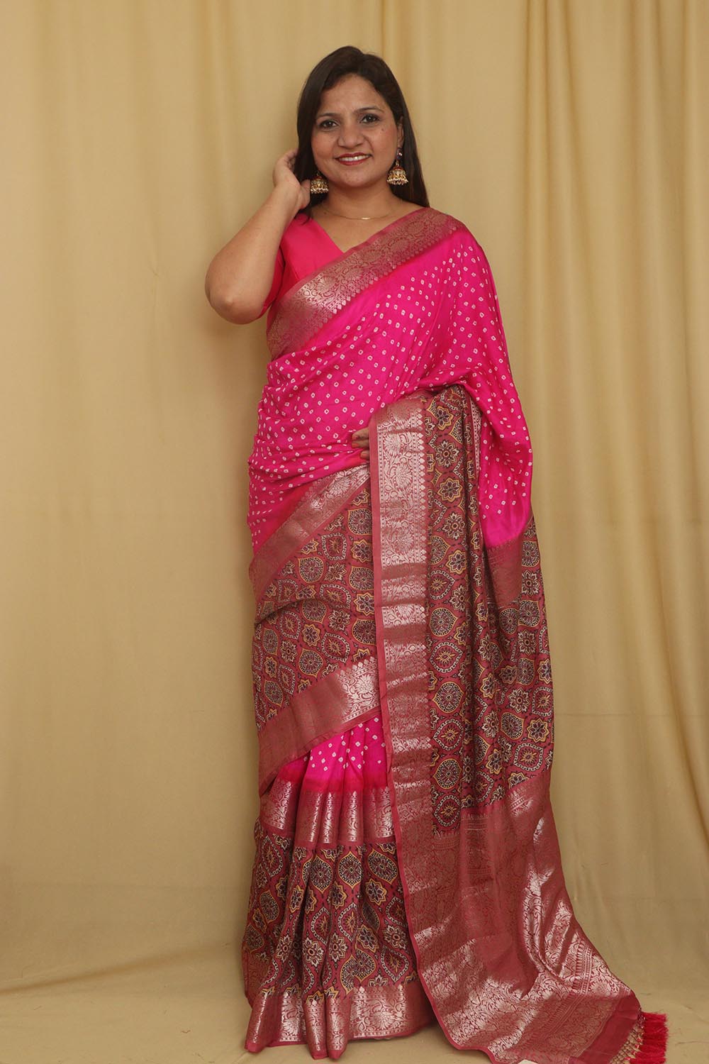 Exquisite Pink Banarasi Bandhani Pure Chiniya Silk Ajrakh Design Saree - Luxurion World