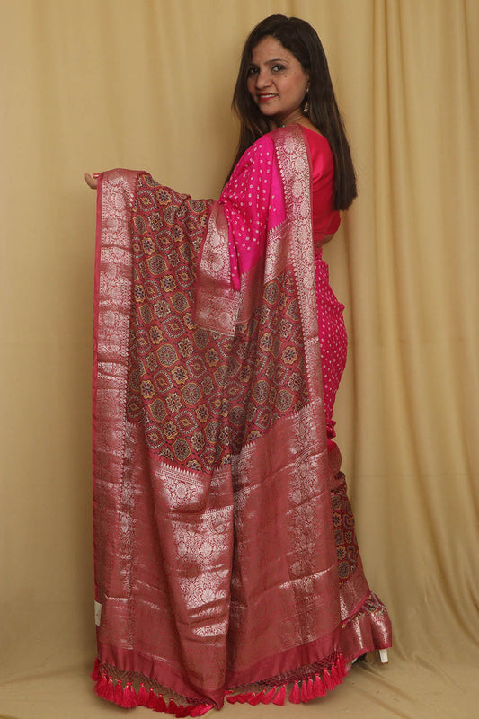 Exquisite Pink Banarasi Bandhani Pure Chiniya Silk Ajrakh Design Saree - Luxurion World