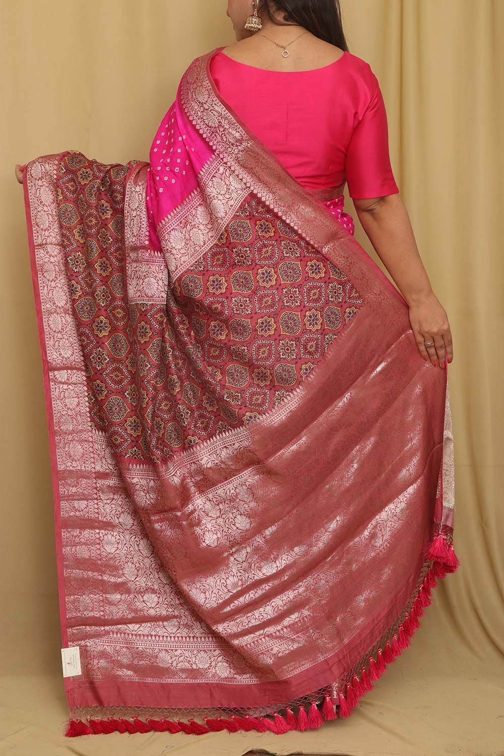 Exquisite Pink Banarasi Bandhani Pure Chiniya Silk Ajrakh Design Saree - Luxurion World