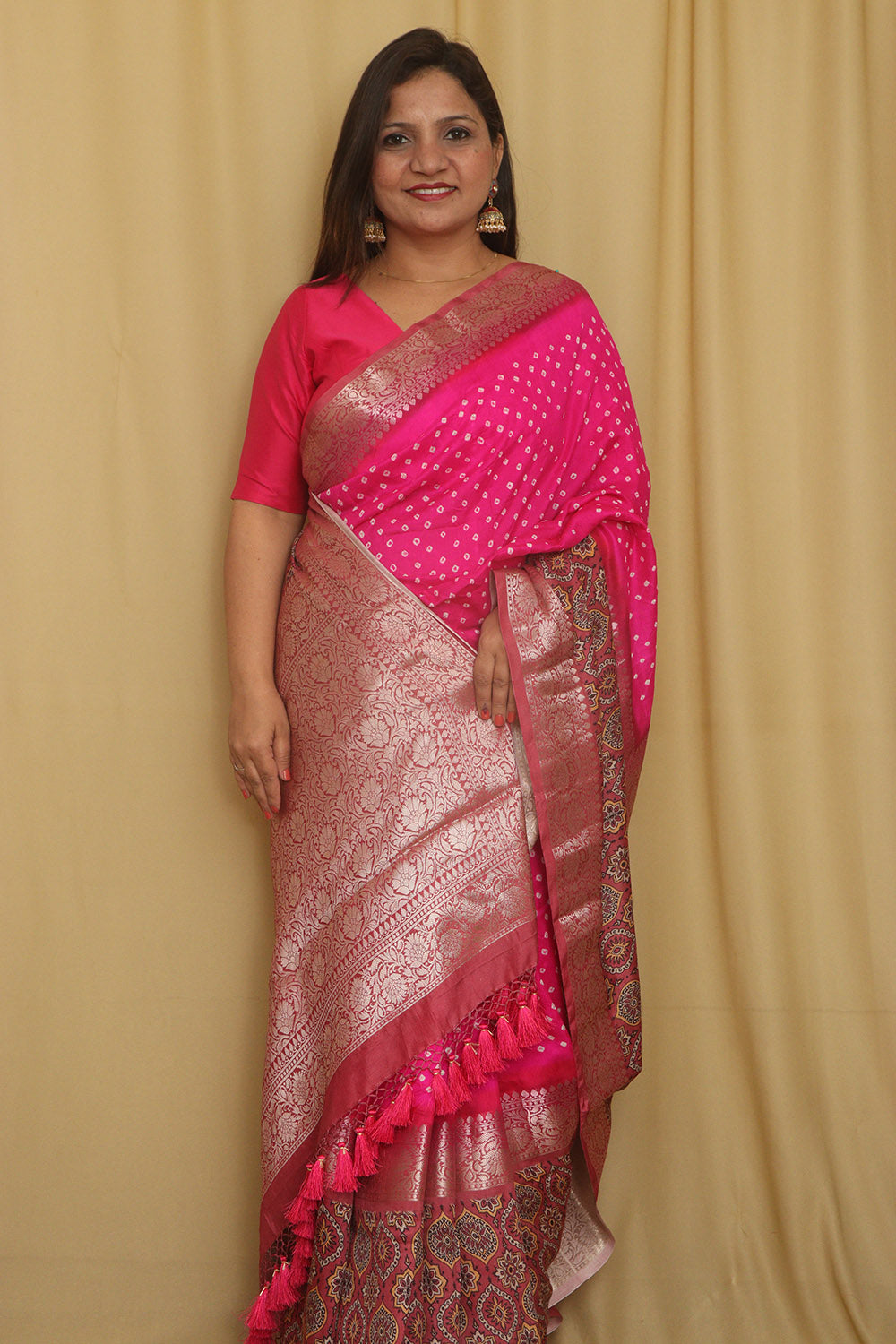 Exquisite Pink Banarasi Bandhani Pure Chiniya Silk Ajrakh Design Saree - Luxurion World