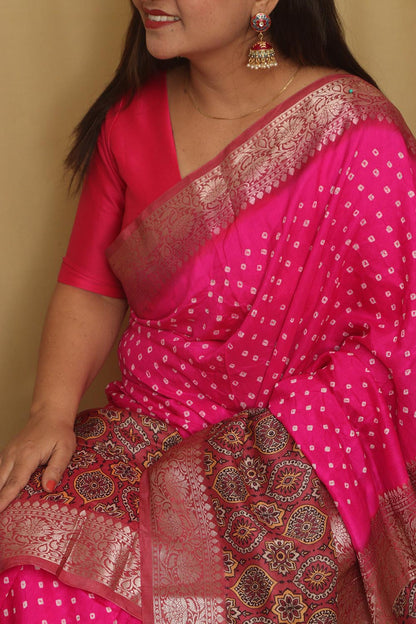 Exquisite Pink Banarasi Bandhani Pure Chiniya Silk Ajrakh Design Saree - Luxurion World