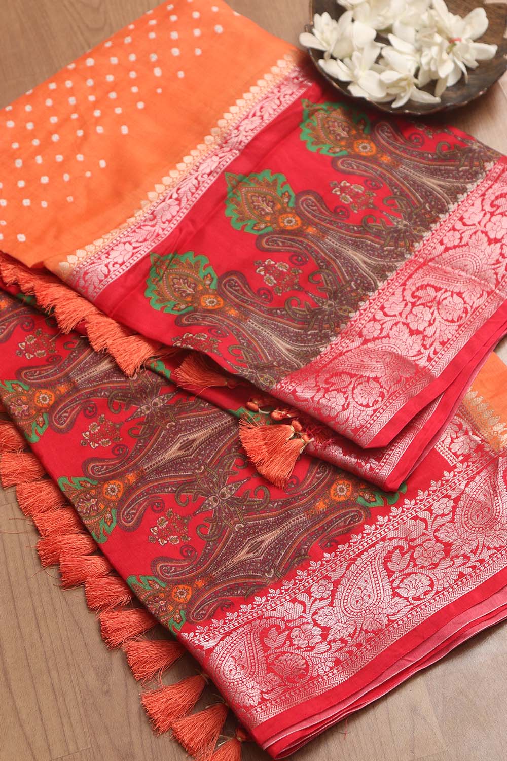 Elegant Orange Banarasi Bandhani Pure Chiniya Silk Saree - Luxurion World