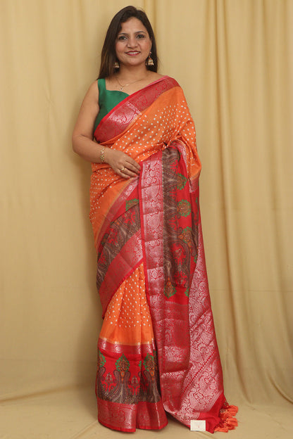 Elegant Orange Banarasi Bandhani Pure Chiniya Silk Saree - Luxurion World