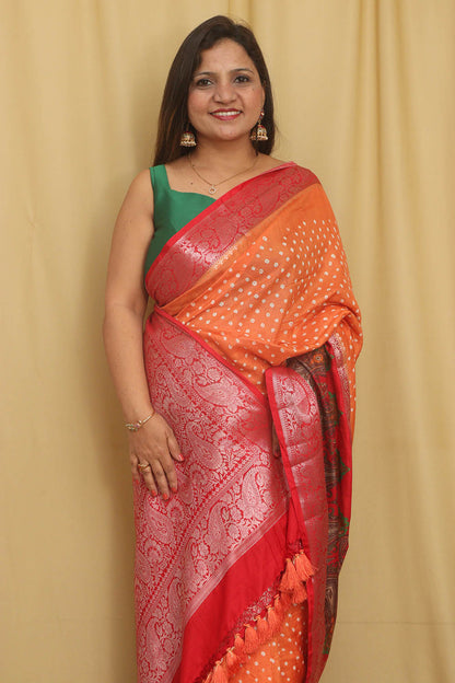 Elegant Orange Banarasi Bandhani Pure Chiniya Silk Saree - Luxurion World
