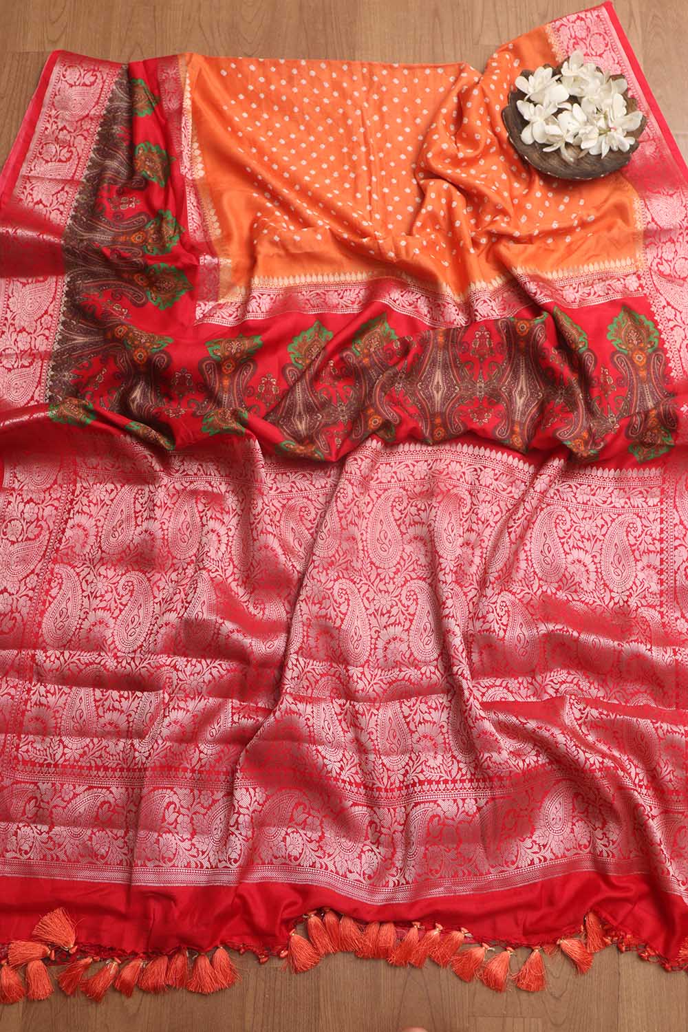 Elegant Orange Banarasi Bandhani Pure Chiniya Silk Saree - Luxurion World