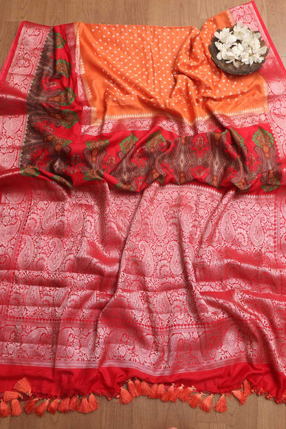 Elegant Orange Banarasi Bandhani Pure Chiniya Silk Saree - Luxurion World