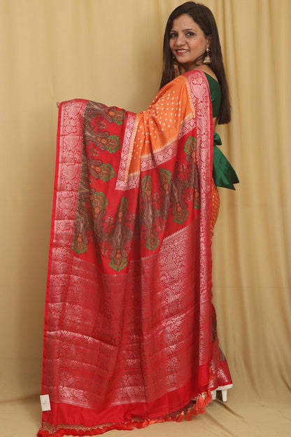 Elegant Orange Banarasi Bandhani Pure Chiniya Silk Saree - Luxurion World