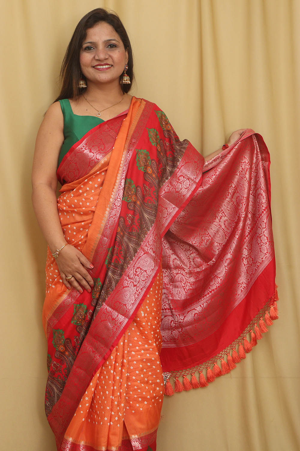 Elegant Orange Banarasi Bandhani Pure Chiniya Silk Saree - Luxurion World